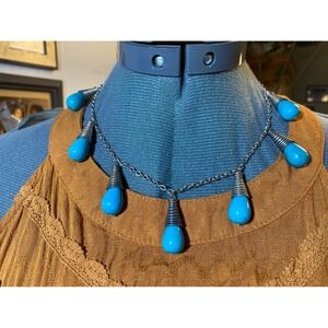 Turquoise Teardrop Bead Silver Tone Coil Wrap Statement Necklace Boho Southwest